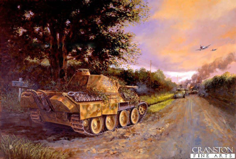 Dibujo artístico de la Esquina de Barkmann, la famosa batalla en donde el as Ernst Barkmann abatió una columna blindada norteamericana de ocho tanques Sherman