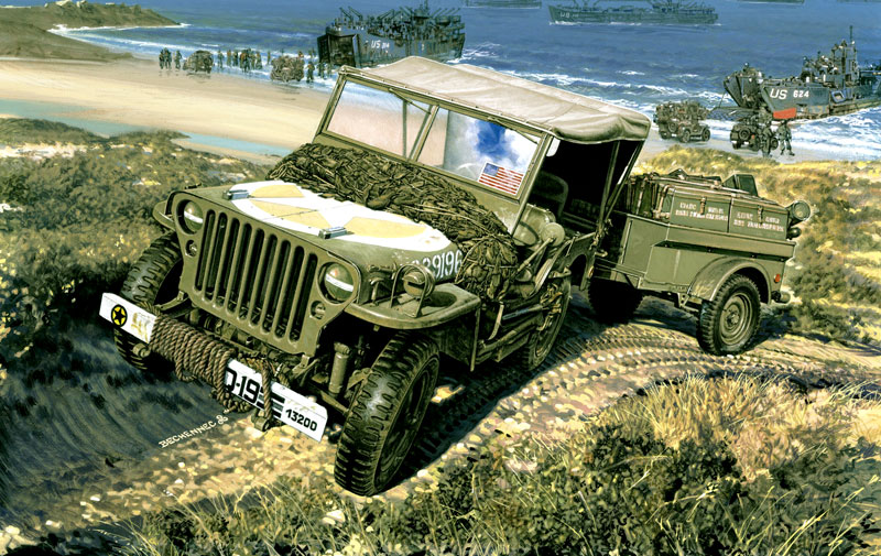 Después del Día D+1 las preocupaciones volcaron al desembarco de suministros, transporte, armas y equipos, como se muestra en esta pintura de un Jeep Willy