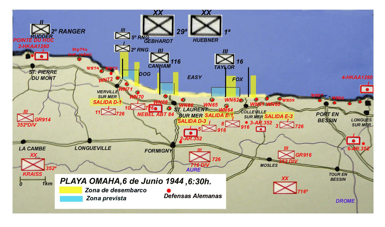 Mapa que muestra la división de playa Omaha