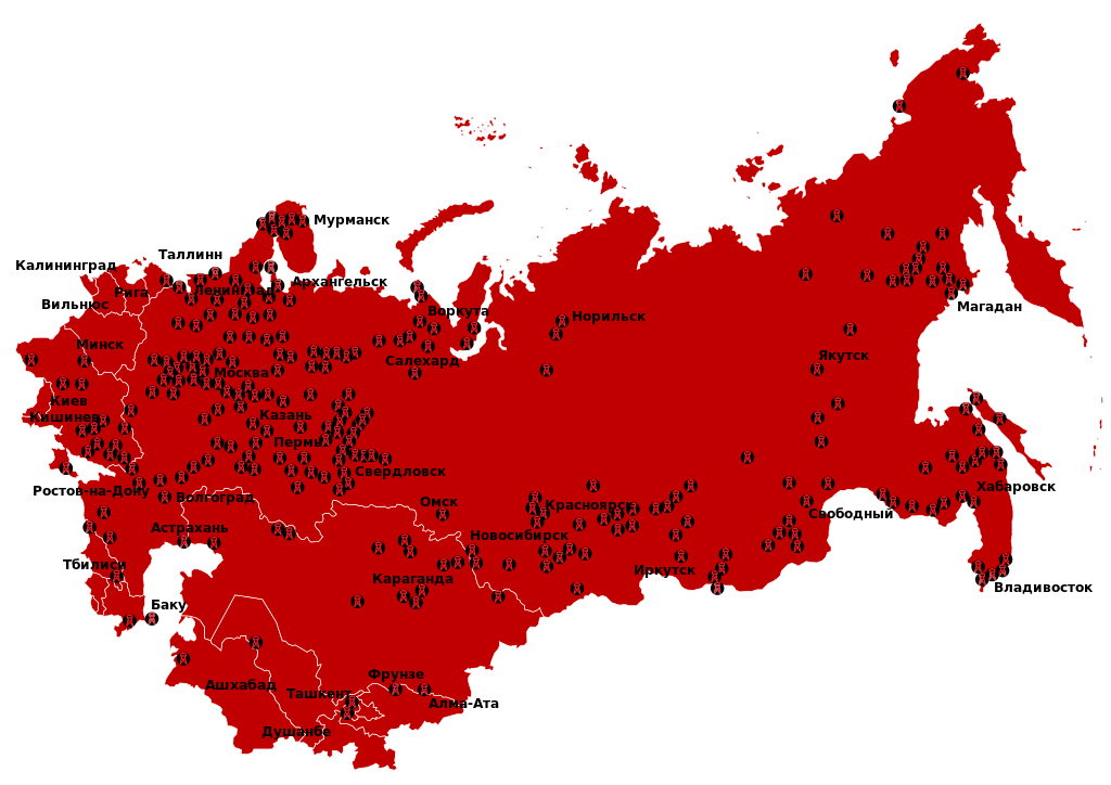 Localización de los campos del sistema Gulag, 1923-1961, según la fundación Memorial. Contra la creencia popular, la mayoría de los campos de trabajo se asentaban en la zona europea del país, más cálida que las zonas septentrionales