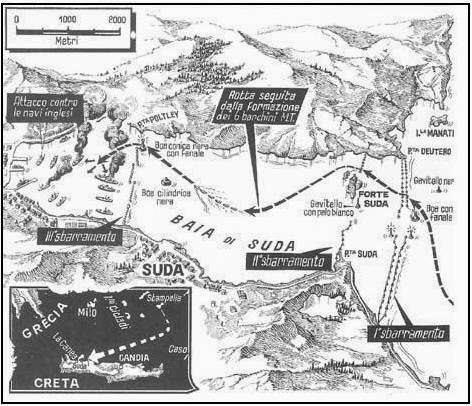 Mapa de la bahía de Suda con los movimientos de los italianos