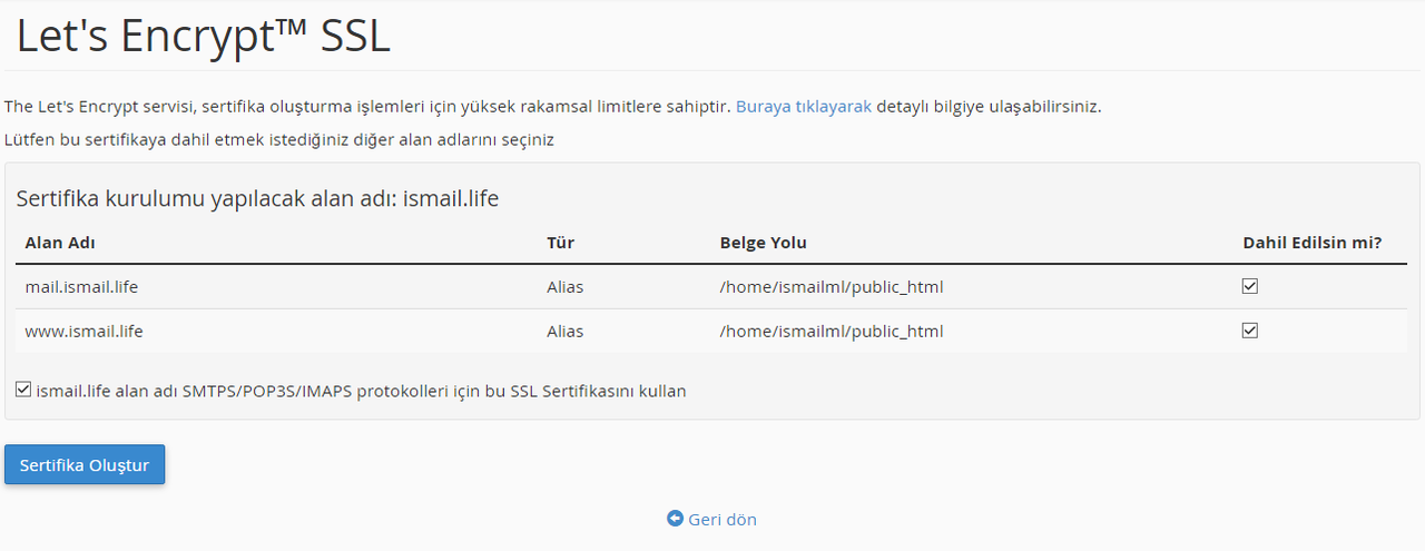 cPanel Let's Encrypt Sertifika Yükleme İşlemi