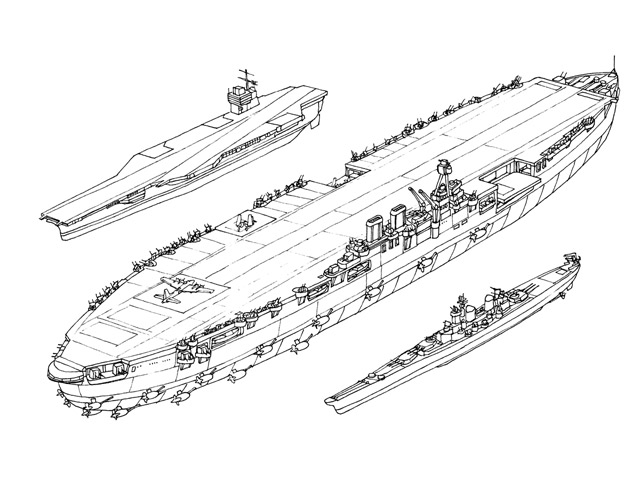 Comparación del Habbakuk, en el centro, con un el Portaaviones USS Nimitz y lo que parece un Acorazado de la Clase Iowa