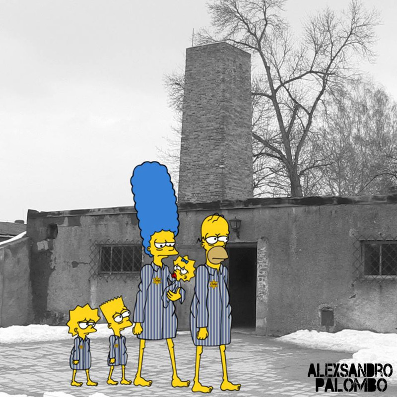 Los Simpson como prisioneros judíos y dentro del campo de concentración de Auschwitz, bajo el título Nunca Más