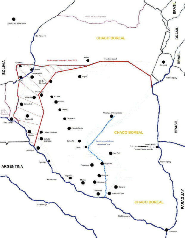 Mapa teatro de operaciones Guerra del Chaco con fortines y avances máximos de ambos ejércitos