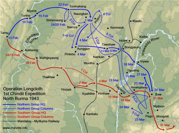 Mapa de la operación Longcloth. Primera expedición Chindit. Norte de Birmania, 1943