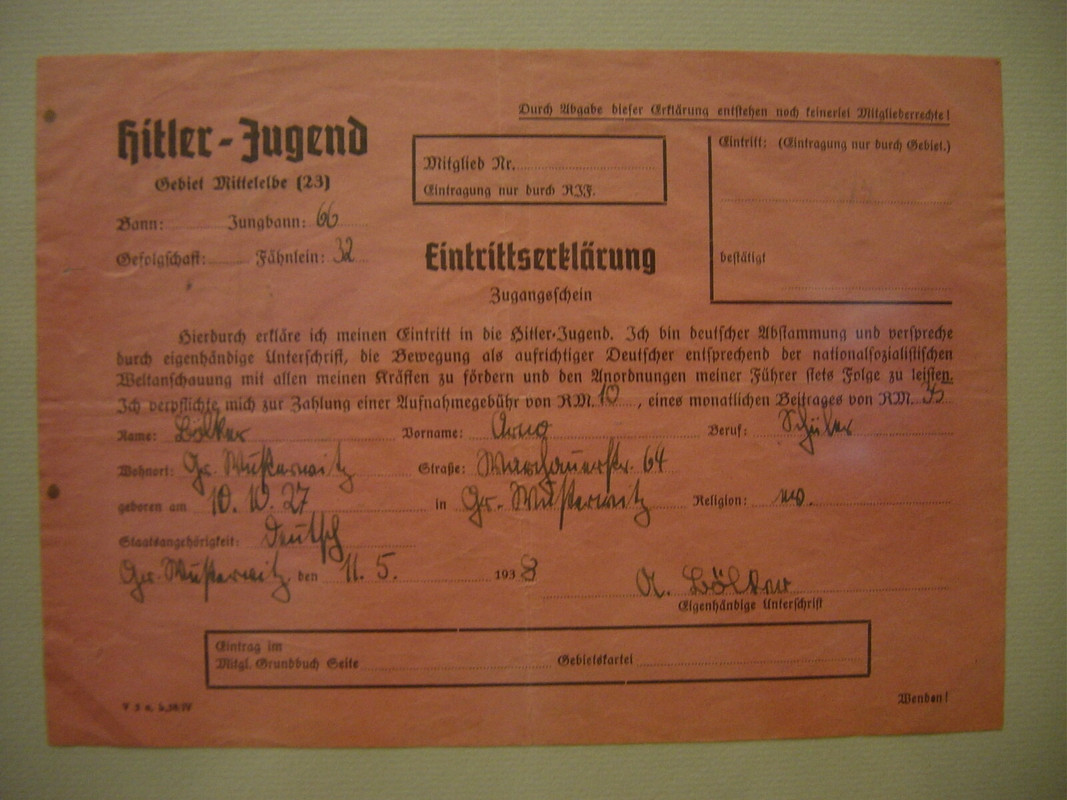 Documento de admisión en las HJ de 1938