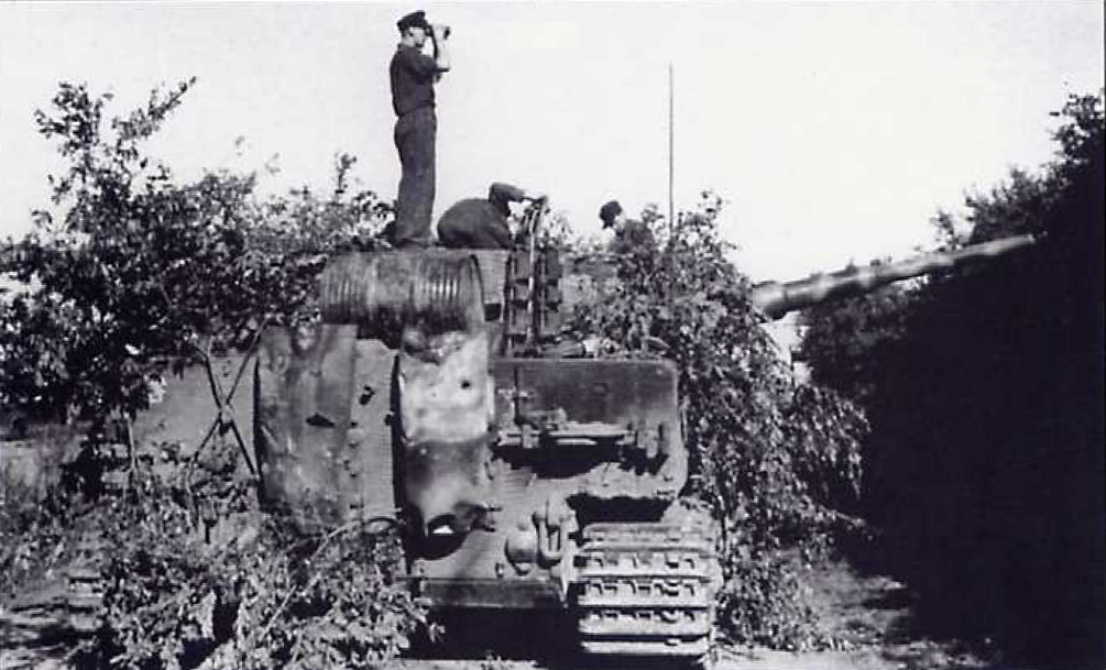 El Comandante de un Tiger I Ausf E inspeccionando el terreno cercano a donde se encuentra su vehículo escondido