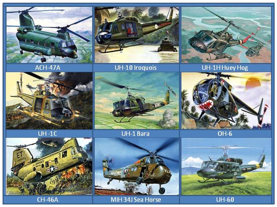Aunque los helicópteros ya fueron utilizados de forma limitada por el Ejército norteamericano en Corea, la guerra de Vietnam fue donde su uso se tornó generalizado y masivo, haciendo que la imagen de estas aeronaves quedara ligada para siempre y desde entonces a dicho conflicto