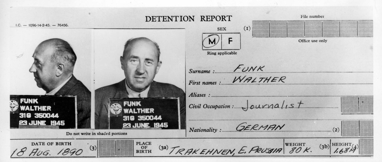 Documento de detención de Walther Funk