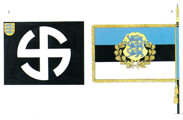 3. Estandarte del Cuerpo Dutch Schalburg, anverso, 4. Estandarte del Primer Regimiento de Granaderos, Legión Estonia, reverso