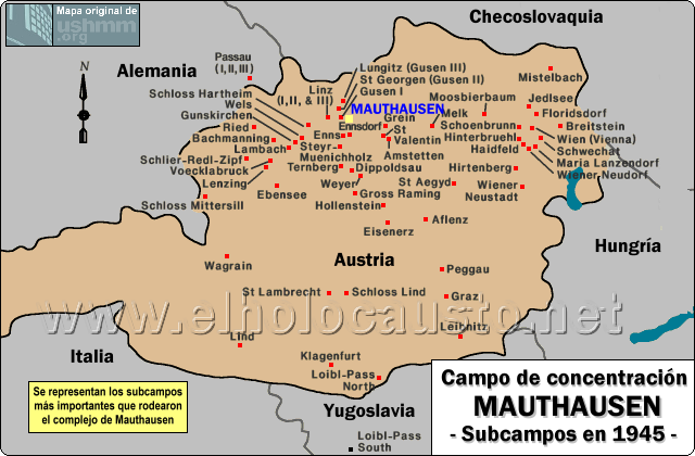 Mapa de los subcampos que dependían de Mauthausen en 1945