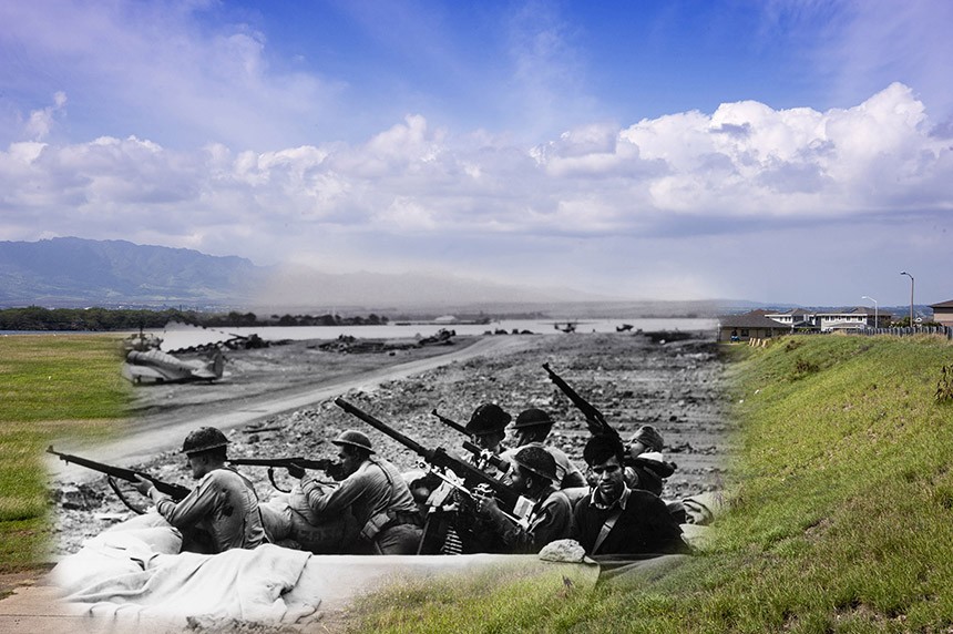 Los defensores de la isla de Ford pendientes de los aviones japoneses durante el ataque sorpresa a Pearl Harbor