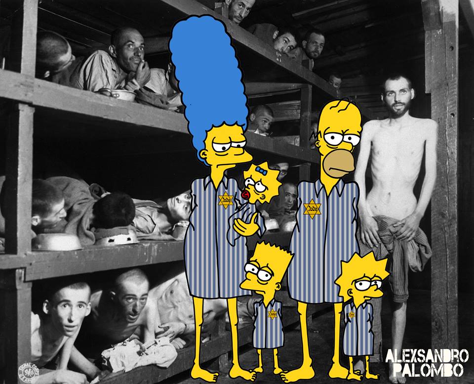 Los Simpson como prisioneros judíos y dentro del campo de concentración de Auschwitz, bajo el título Nunca Más