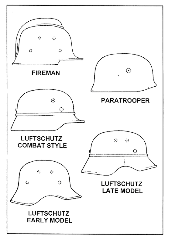 Esquemas de los distintos modelos de cascos usados en la II Guerra Mundial tanto de combate como de fuerzas auxiliares