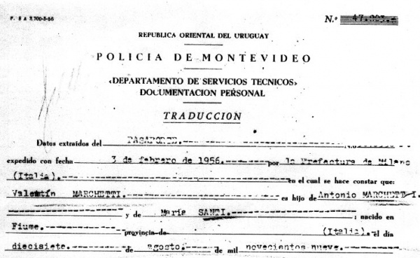 Parte del documento policial que certifica el nombre y los apellidos de Valentín Marchetti Santi