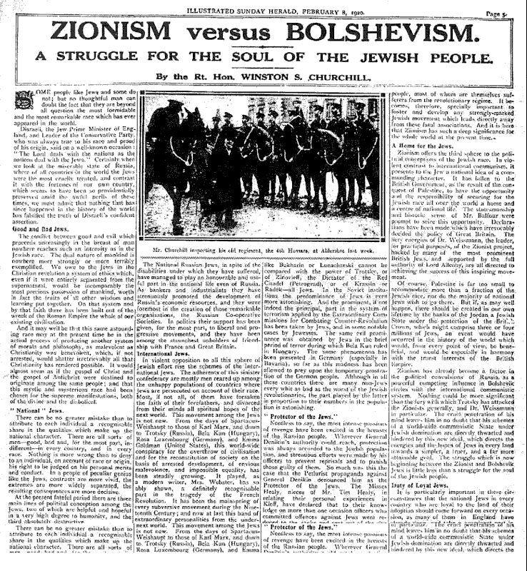 Imagen de la página 5 del matutino, del 8 de febrero de 1920. Sionismo contra Bolchevismo. Una Lucha por el Alma del Pueblo Judío, por Winston S. Churchill