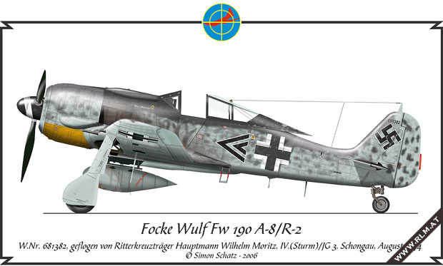 Fw 190A-8 R8, W.Nr. 681 382 del Hptm. Wilhelm Moritz, Gruppenkommandeur del IV. Sturm JG 3