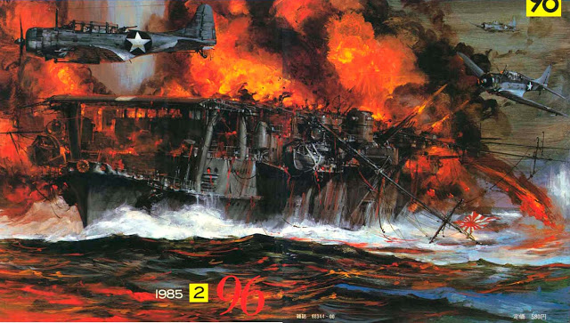 El IJN Akagi arde sin control mientras pasan a su lado un SDB Dauntless y un Devastator. 4 de junio de 1942