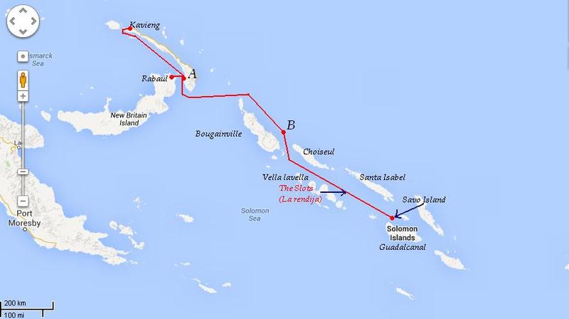 Mapa 1. En este mapa se muestra la ruta de aproximación de Mikawa, la letra A indica el lugar donde se unieron Mikawa y la 6ª división de cruceros, la letra B indica la posición en que fueron avistados por los Hudson australianos
