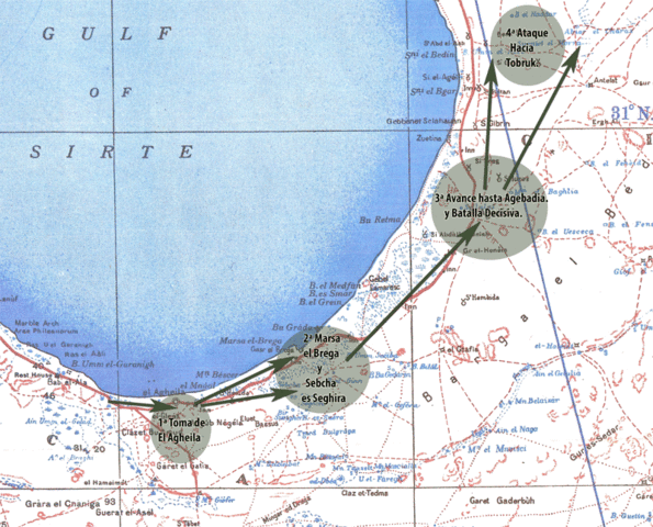 MAPA 7. Las cuatro fases de la ofensiva según el plan de Rommel