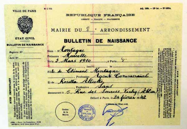 Certificado de identificación francesa de Marcelle Montagne