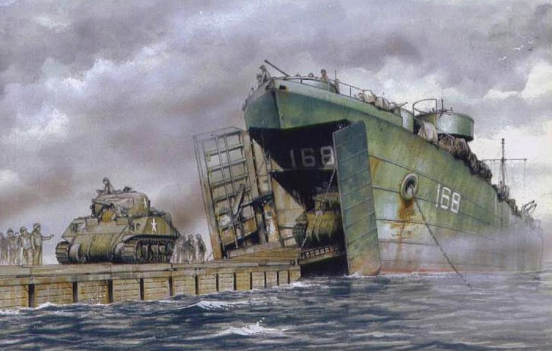 Después del Día D+1 las preocupaciones volcaron al desembarco de suministros, transporte, armas y equipos, como se muestra en esta pintura de un LCT