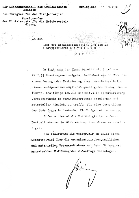 Carta de Hermann Goering a Reinhard Heydrich acerca de la Solución Final
