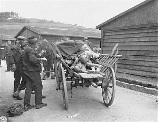 Civiles cargan cuerpos en Mauthausen después de la liberación