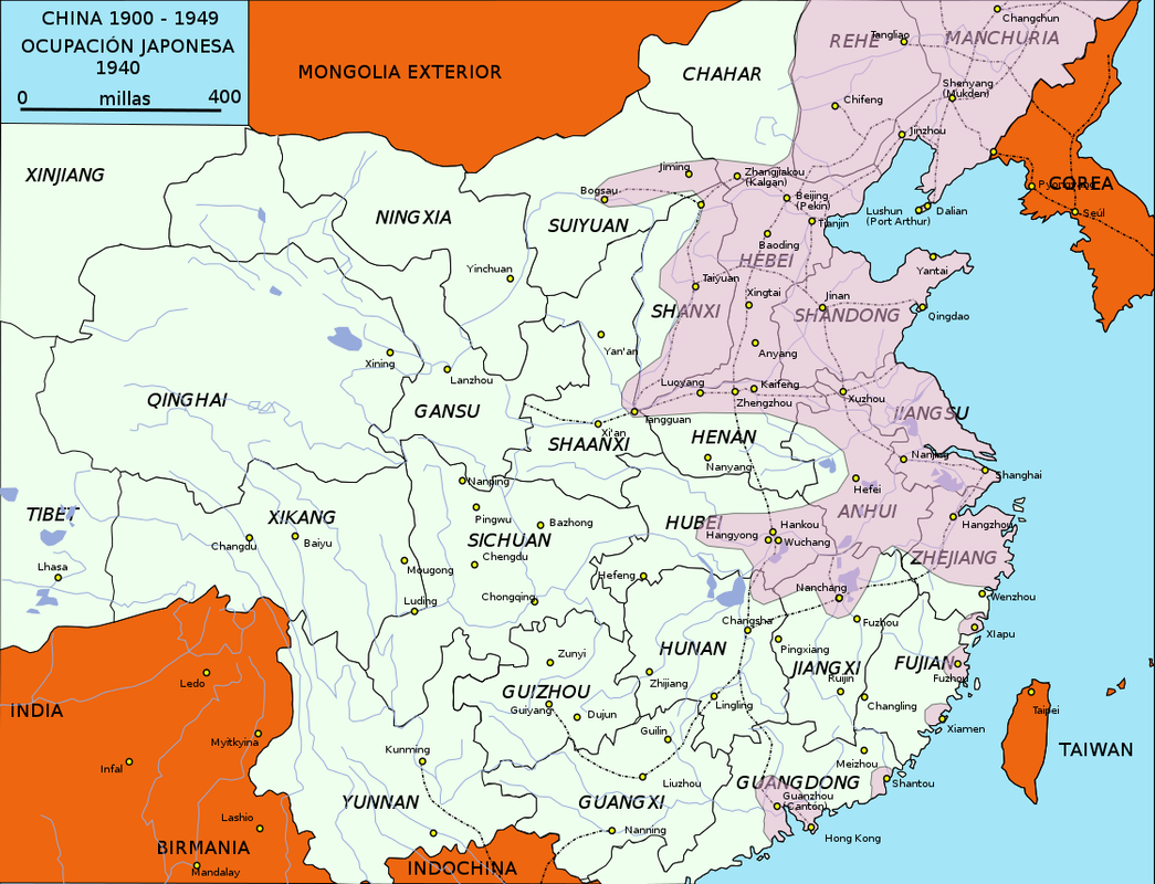 Este mapa muestra, en violeta, la extensión del territorio chino ocupado por Japón en el año 1940