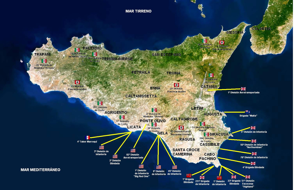 Mapa de Sicilia, Operación Husky. Situación de las posiciones de Aliados y Eje