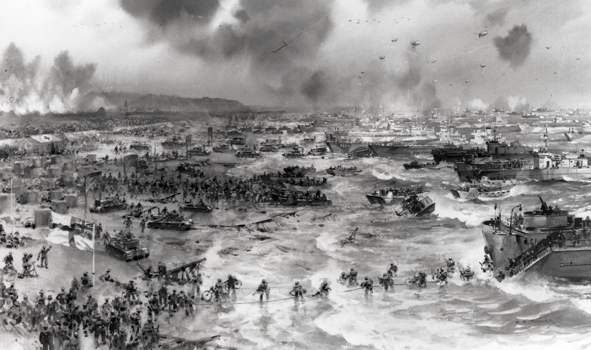 Soldados aliados desembarcando en Normandía el día D. 6 de junio