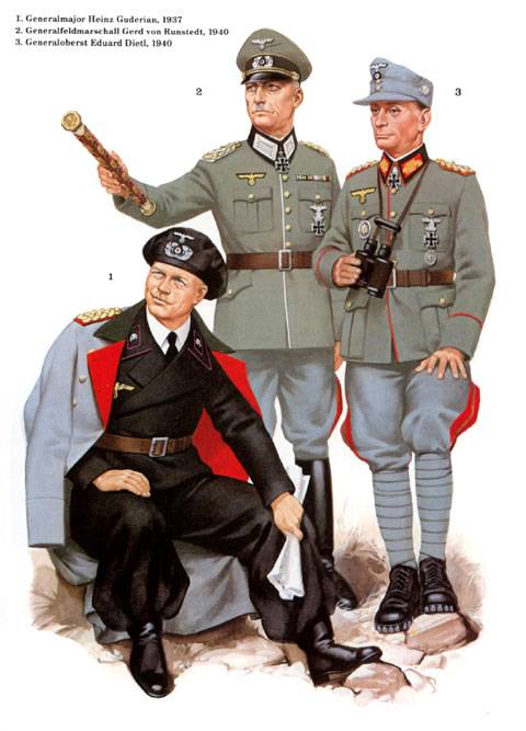 1. Generalmajor Heinz Guderian, 1937, 2. Generalfeldmarschall Gerd von Rundstedt, principios de 1940, 3. Generaloberst Eduard Dietl, julio de 1940