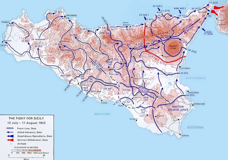 Mapa de Sicilia del 12 al 17 de agosto del 43