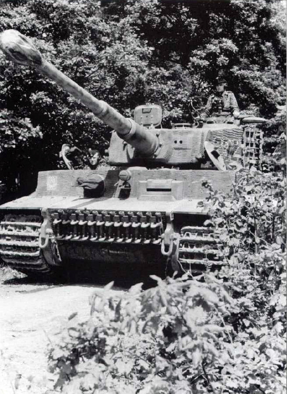 Un carro Tiger I Ausf E de la Leibstandarte avanzando por una carretera normanda. La espesura y el bocage favorecían el enmascaramiento y la ocultación frente a la constante amenaza aérea, pero restringían mucho el movimiento