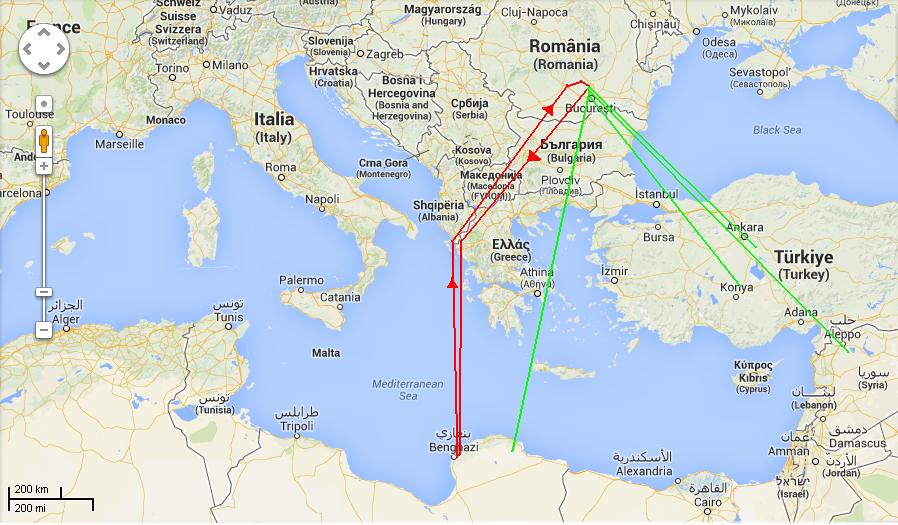 En rojo la ruta que tomo la formación ida y vuelta, atravesando el Mediterráneo hasta la isla de Corfú, para después tomar la ruta por Albania, la antigua Yugoslavia, Bulgaria y el oeste de Rumanía. En verde las diversas rutas de escape de los B-24