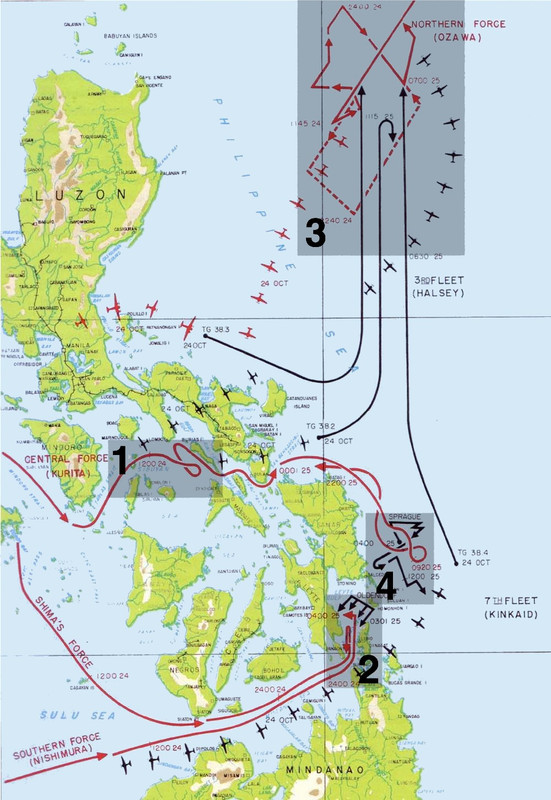 Las cuatro acciones principales en la batalla del Golfo de Leyte. 1 Batalla del mar de Sibuyan. 2 Batalla del Estrecho de Surigao. 3 Batalla de Cabo Engaño. 4 Batalla en Samar. El golfo de Leyte está al norte de 2 y al oeste de 4. La isla de Leyte está al oeste del golfo