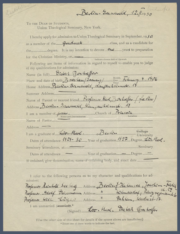 Aplicación al Seminario de la Unión.  Documento impreso, completado por el autor y firmado con tinta. Berlín, 12 de febrero de 1930