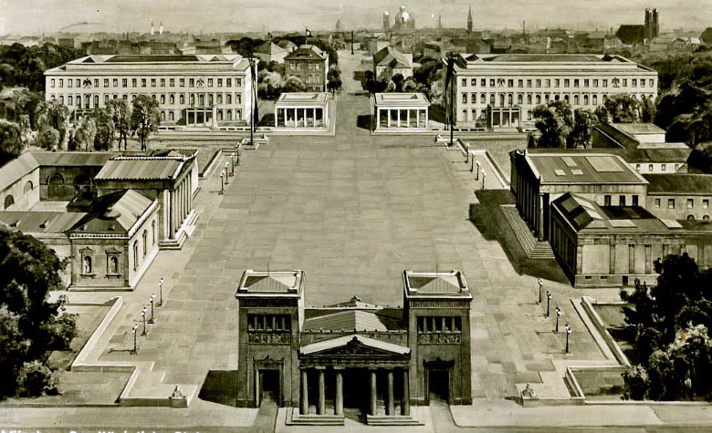 La Königsplatz en 1940. En primer plano, el Propileo, a continuación, la Gliptoteca, centro-izquierda y el Museo de Antigüedades, centro-derecha, al fondo, el Verwaltungsbau a la izquierda, y el Führerbau a la derecha. Entre estos dos últimos, se encuentran los pequeños Ehrentempel