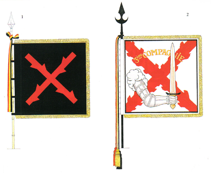 1. Primer diseño del estandarte de la Legión Valona, anverso, 2. Tercer Compañía de la Legión Valona, anverso