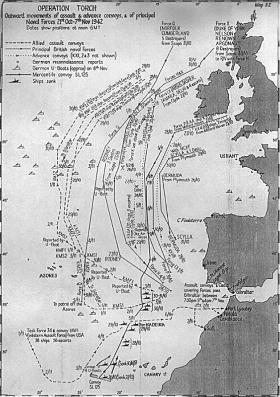 Las derrotas de los distintos convoyes con destino al N de África indican la complejidad de asegurar la debida sincronización en tiempo y espacio para sus desplazamientos y arribo a destino. También se indica la derrota del convoy SL 125 y las naves hundidas por submarinos alemanes entre el 27 y el 30 de octubre de 1942