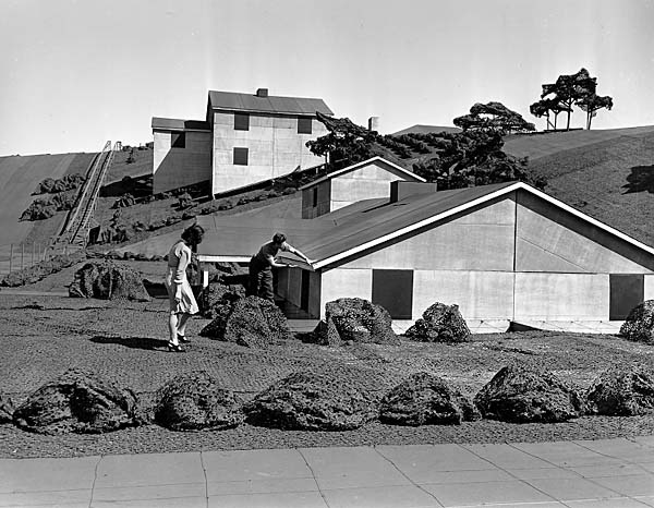 Jardineros cuidando los falsos árboles de la Douglas Aircraft Company en Santa Barbara, ocultando la fabricación de aviones militares