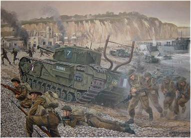 Soldados de 50ª División Británica se adentran en playa Gold