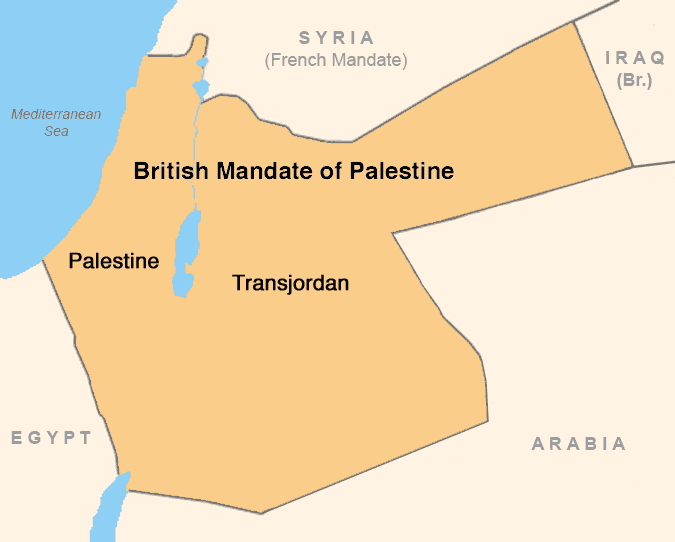 El territorio del mandato de palestina, con la ubicación del reino Hachemita de Jordania