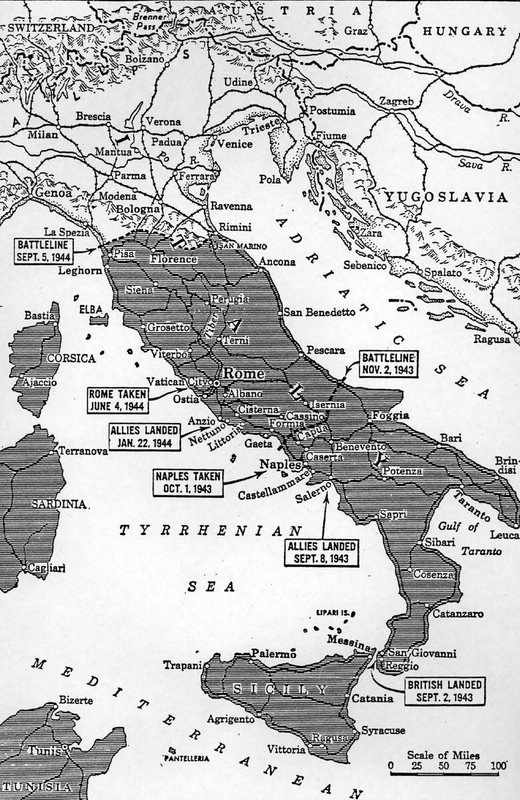 Mapa de Italia con los detalles de los avances aliados por la península italiana