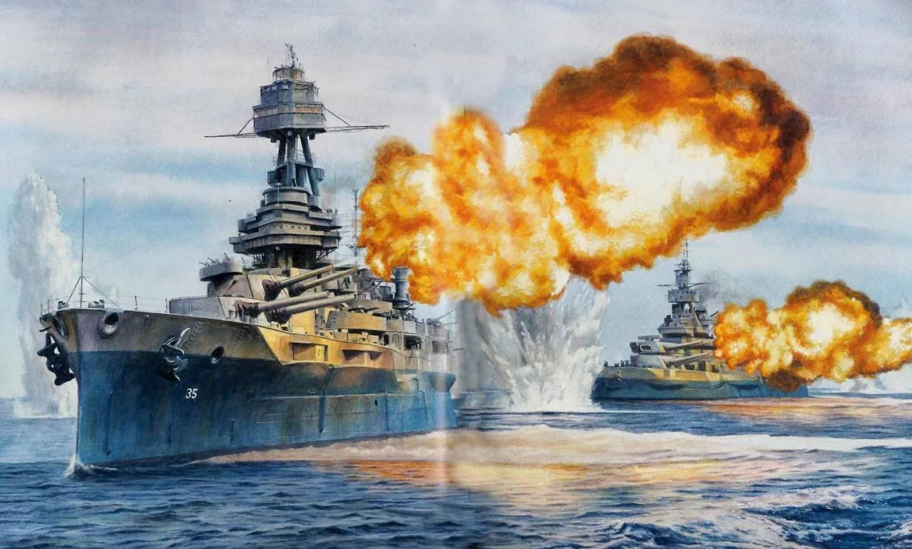 USS Texas y USS Arkansas durante el bombardeo de los fuertes de Cherburgo, el 25 de Junio de 1944. Obra de Steve Noon