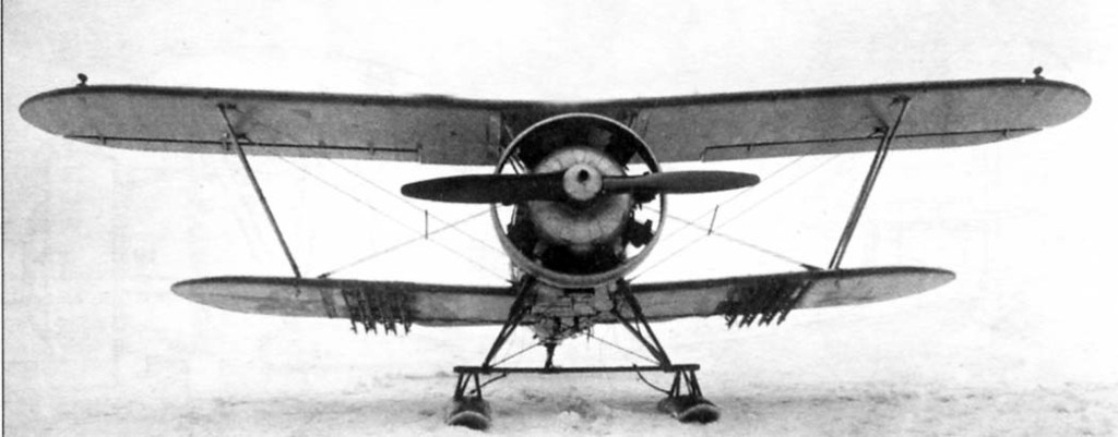 Vista frontal de un Polikarpov I-5 provisto de esquíes
