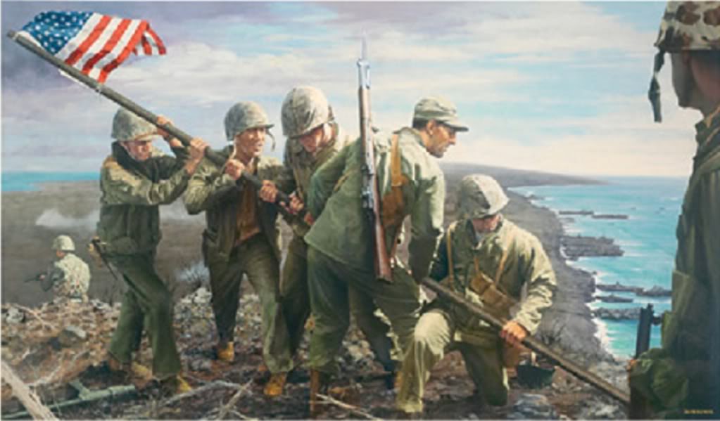 Chuck Lindberg y sus compañeros marines de la 5ª División plantan la primera bandera en Iwo Jima