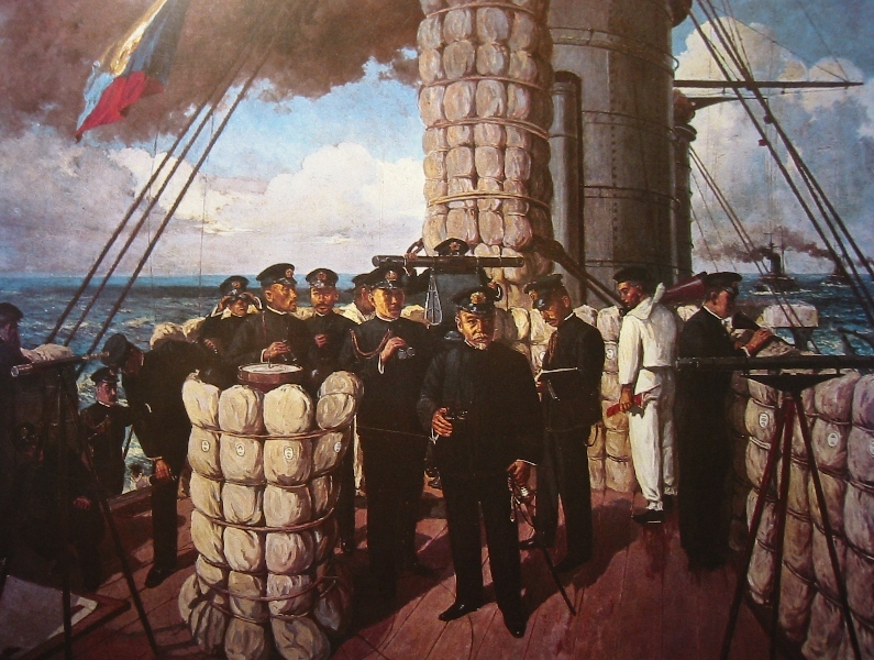 El Almirante Togo y su tripulación en la cubierta del Mikasa