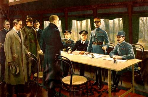 Pintura que representa a la firma del armisticio en el vagón. De izquierda a derecha están el Almirante alemán Ernst Vanselow, el Conde alemán Alfred von Oberndorff del Ministerio de Relaciones Exteriores, el General alemán von Winterfeldt Detlof, con casco, el Oficial Naval británico Capitán Jack Marriott, y de pie delante de la mesa, Matthias Erzberger, jefe de la delegación alemana. Detrás de la mesa están los dos oficiales de la marina británica, el Contralmirante George Hope, Primer Lord del Mar almirante sir Rosslyn Wemyss, y los representantes de Francia, el Mariscal Ferdinand Foch, de pie, y el General Maxime Weygand Pintura que representa a la firma del armisticio en el vagón. De izquierda a derecha están el Almirante alemán Ernst Vanselow, el Conde alemán Alfred von Oberndorff del Ministerio de Relaciones Exteriores, el General alemán von Winterfeldt Detlof, con casco, el Oficial Naval británico Capitán Jack Marriott, y de pie delante de la mesa, Matthias Erzberger, jefe de la delegación alemana. Detrás de la mesa están los dos oficiales de la marina británica, el Contralmirante George Hope, Primer Lord del Mar almirante sir Rosslyn Wemyss, y los representantes de Francia, el Mariscal Ferdinand Foch, de pie, y el General Maxime Weygand